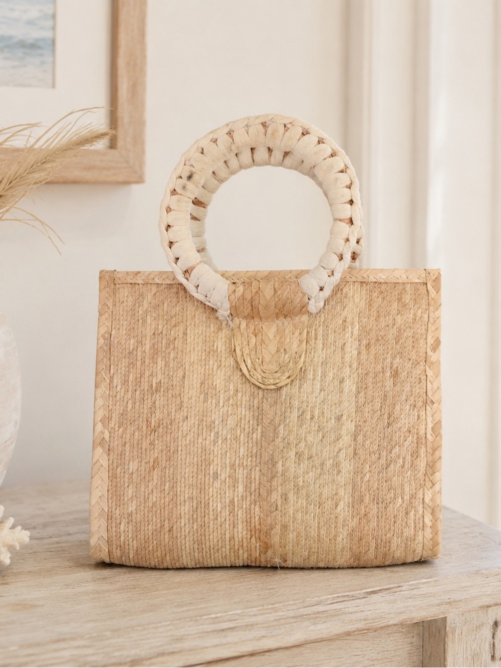 Coastal Woven Straw Top Handle Handbag Purse